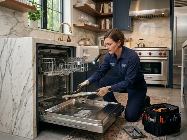 Appliance Repair Hero technician servicing a built-in dishwasher in a Andover, CT kitchen