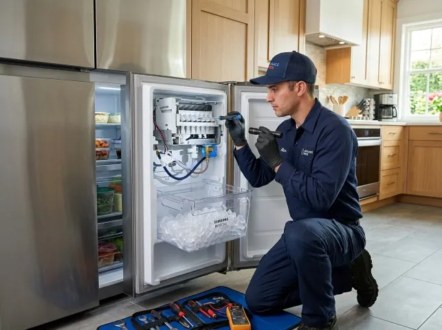 Appliance Repair Hero technician repairing a refrigerator ice maker in Andover, CT
