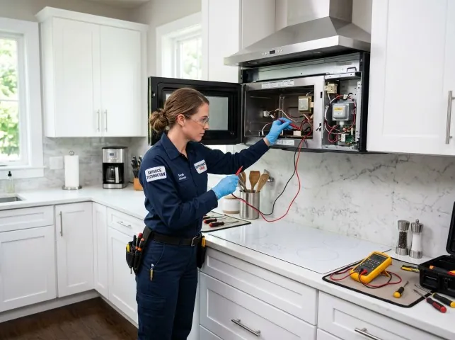 Appliance Repair Hero technician testing an over-the-range microwave in a Andover, CT kitchen