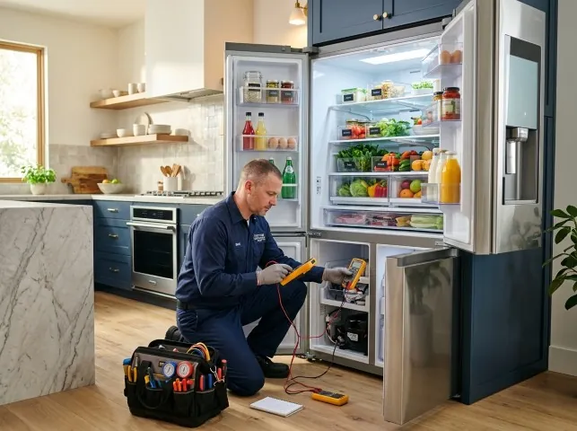 Appliance Repair Hero refrigerator technician testing a fridge on a Andover, CT service call